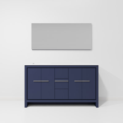 Meuble-lavabo double bleu marine l 60 po x P 20 po, comptoir en quartz blanc et miroir de 55 po