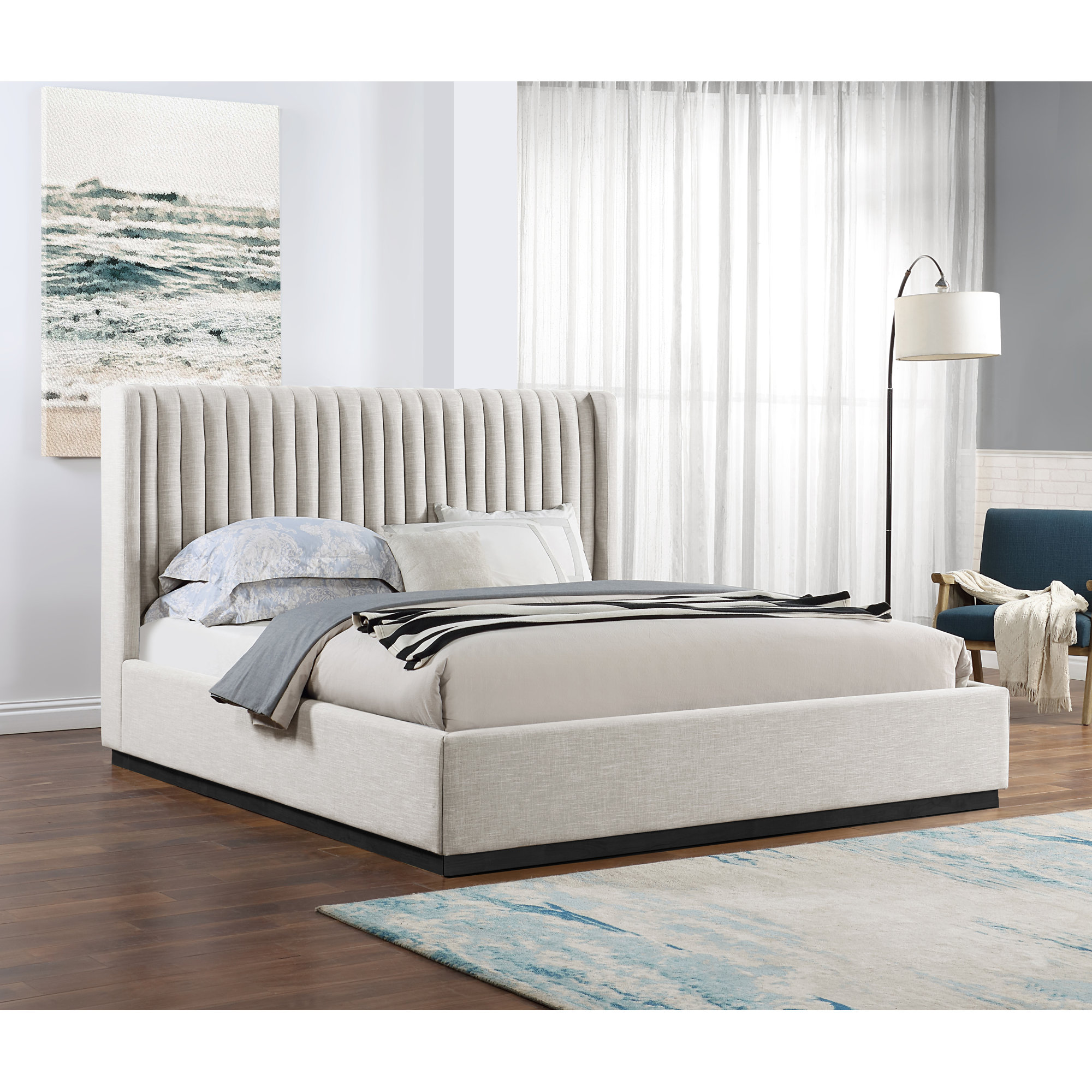 Chamblis Upholstered Wingback Bed, Beige Linen Textured Fabric, King