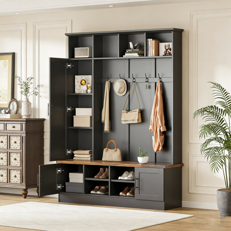 Versatile 3-In-1 Hall Tree With 6 Hooks,Farmhouse Walnut Storage Bench With Adjustable Shelves And Cabinets,Entryway Coat Rack