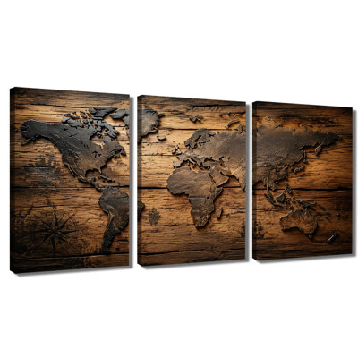 Art mural industriel rétro 3 panneaux, planche de bois rustique, effet 3D, carte du monde, boussole, toile, art mural