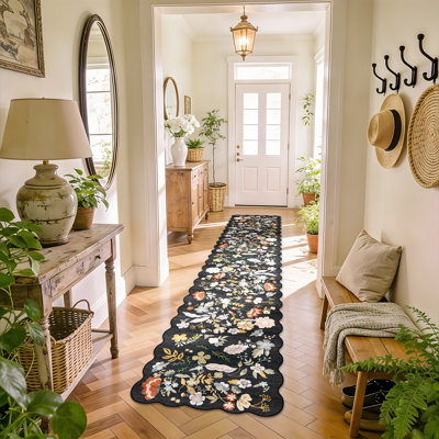Hallway Runner Rug Washable: Extra Long Floral Scalloped Carpet Runner Non Slip Boho Rug Runner for Indoor Entryway Stain Resistant Rug Runners for Living Room (Black)