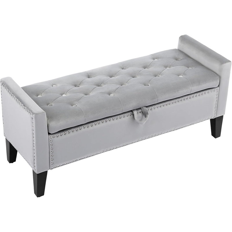 Banc de rangement avec repose-pieds, banc tapissier capitonné à l'extrémité du lit 45 po, repose-pieds d'entrée moderne avec accoudoirs, gris