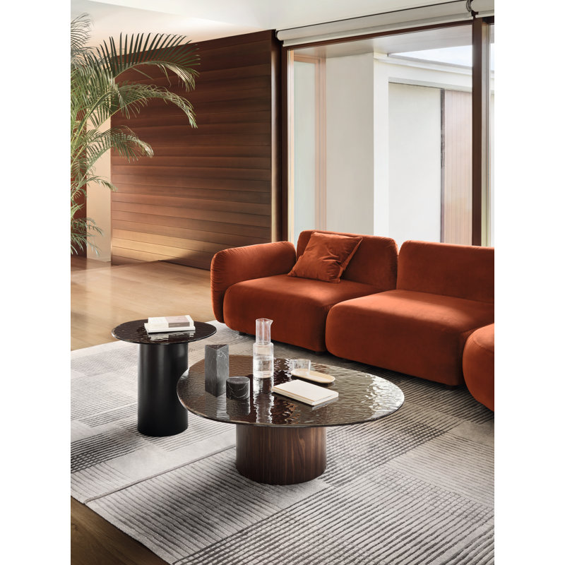 Mushroom Pedestal Coffee Table with Wooden Base, Bronze Top/Smoke Base