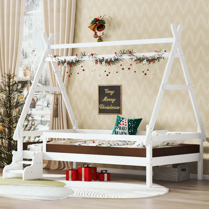 Lit plateforme House avec escalier, structure de lit en bois massif, profil bas et conception amusante pour enfants