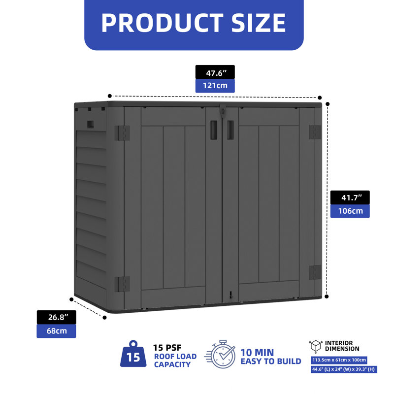 High Density Polyethylene Horizontal Storage Shed, Black, 41.70" H x 47.60" W x 26.80" D