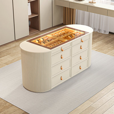 Comptoir rectangulaire en verre trempé transparent de 47,24 po, armoire en bois massif beige, armoire de rangement pour bijoux