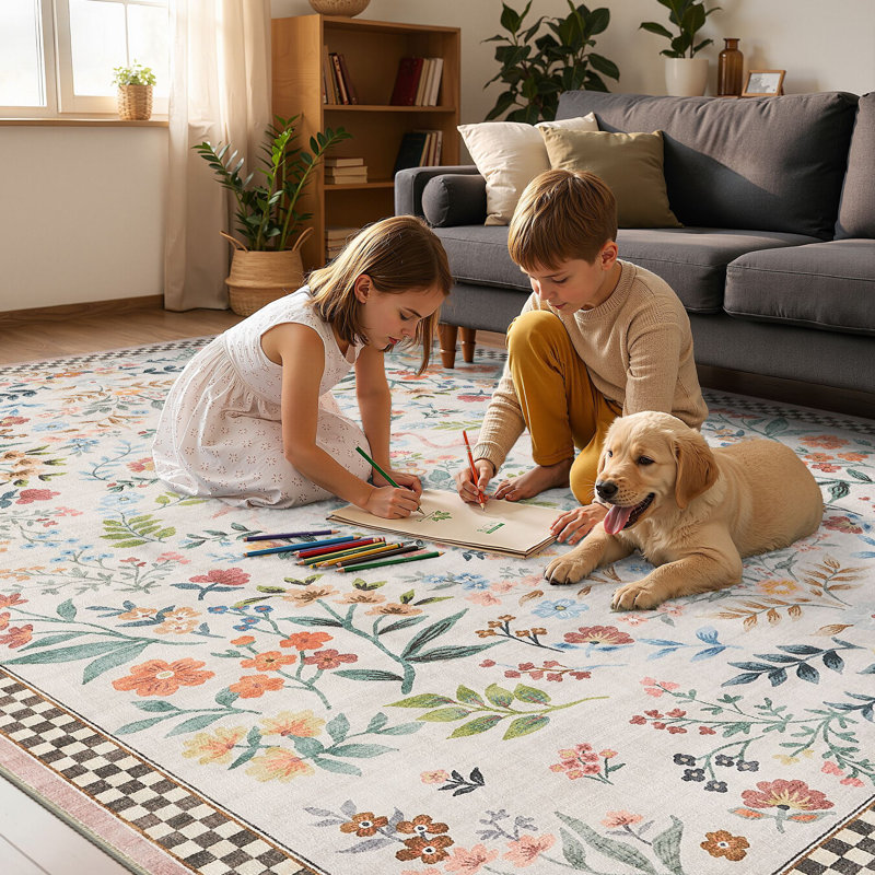 Washable Farmhouse Floral Area Rug with Non-Slip for Bedroom Nursery Living Room Decor-Pink, Rectangle 6' x 9', Pink