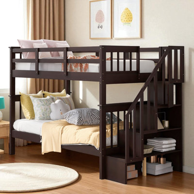 Wood Bunk Bed With Storage Staircase