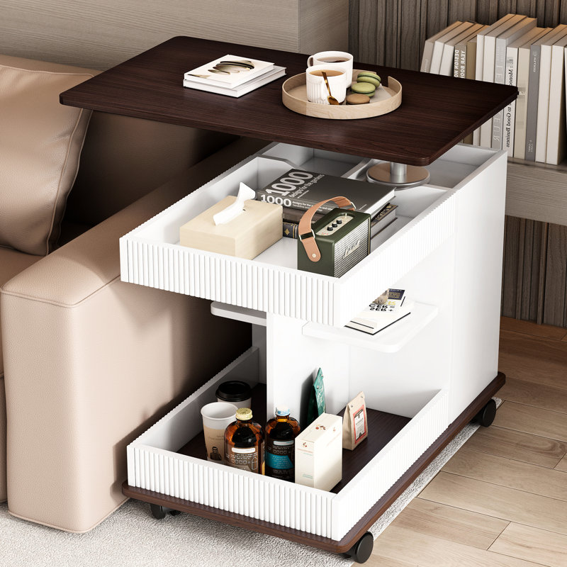 Table de bout multifonctionnelle réglable avec plateau relevable et fonction rotative à 360 °, rangement latéral idéal, matériau, roulettes verrouillables pour un usage domestique, espace de rangement fonctionnel, coins arrondis, construction