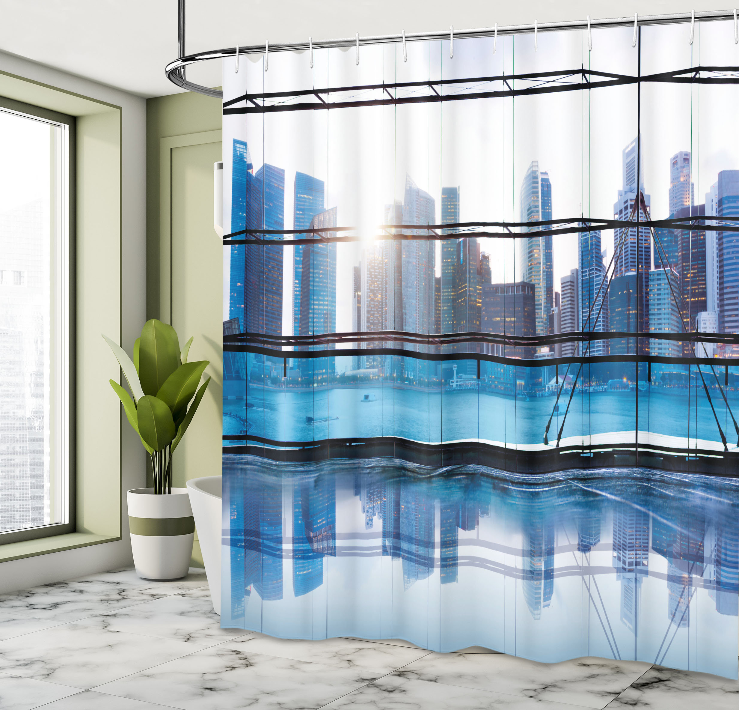 East Urban Home Cityscape Shower Curtain View with Skyscrapers Pale Blue White East Urban Home Size: 75\, image size:2466x2368
