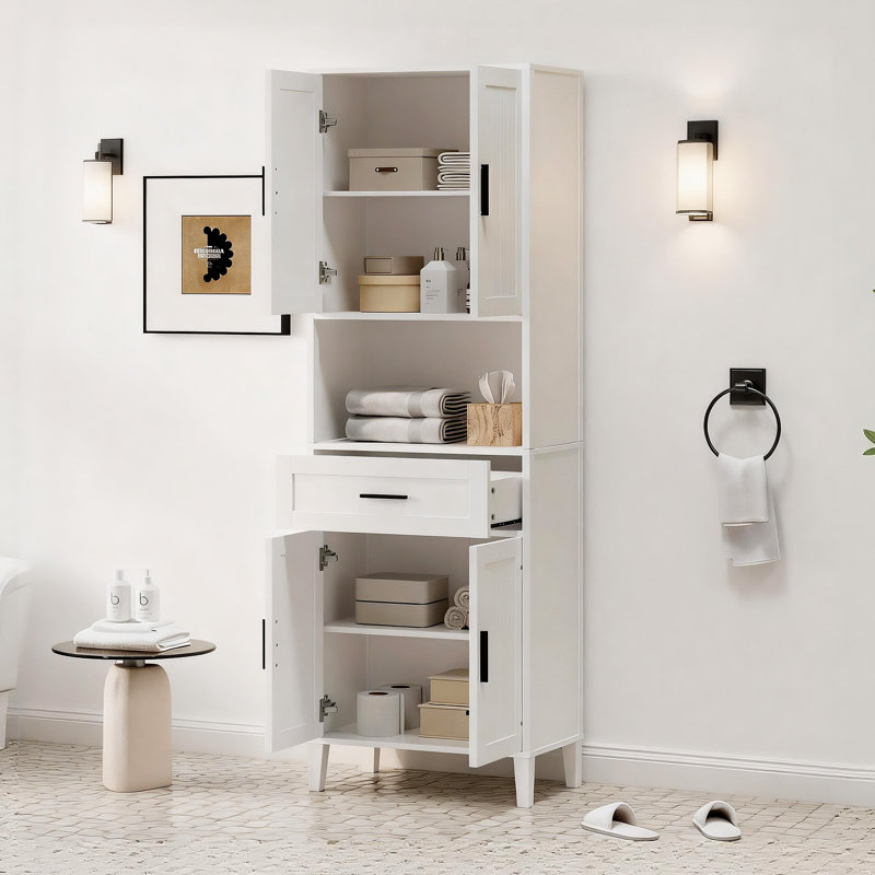 Freestanding Tall Bathroom Storage Cabinet With Drawer, 2 Cabinets, 4 Soft-Close Doors, And Open Storage Organizer, White