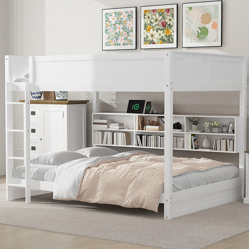 Lit superposé grand sur grand avec armoires de rangement et ports USB, Blanc
