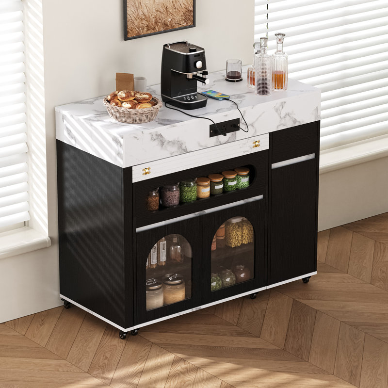 Îlot de cuisine moderne avec portes en verre et rangement mobile Leto, Marbre blanc