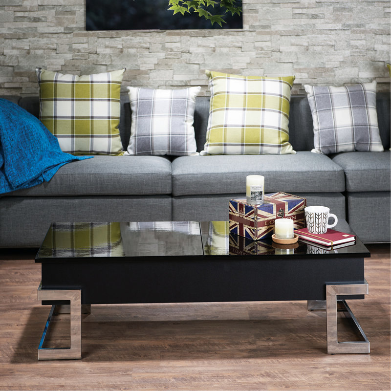 Table basse chic noire à plateau relevable ultrabrillant avec espace de rangement spacieux et capacité de levage luxueuse supplémentaire