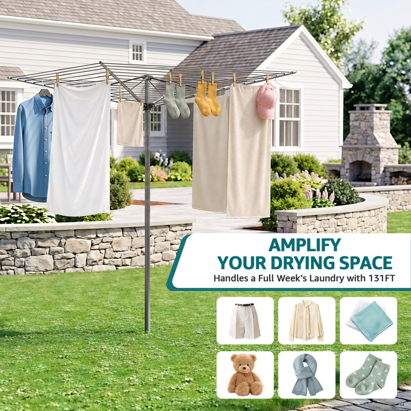Corde à linge extérieure pour parasol rotatif avec espace de séchage de 131 pi, 12 lignes, 4 bras rotatifs à 360 °, capacité de 66 lb, conception pliable et housse de protection