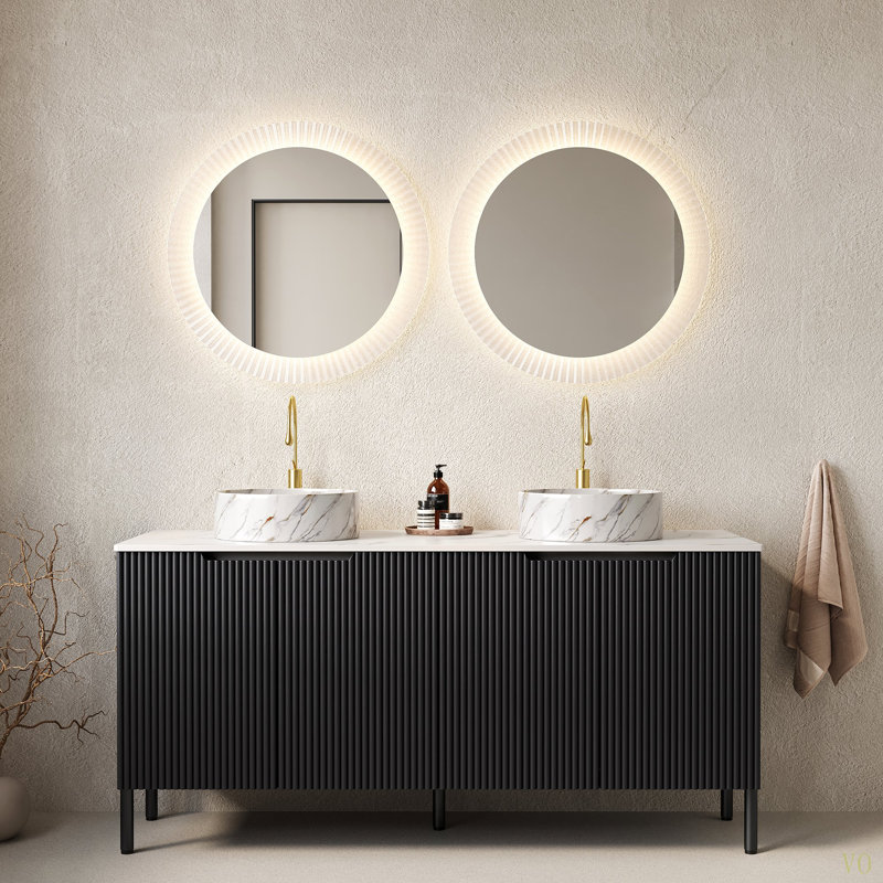 Meuble-lavabo de 60 po avec lavabo, armoire de rangement autoportante avec 4 portes, 2 lavabos ronds en céramique avec motif en pierre et plateau en pierre de Carrare, sans robinet
