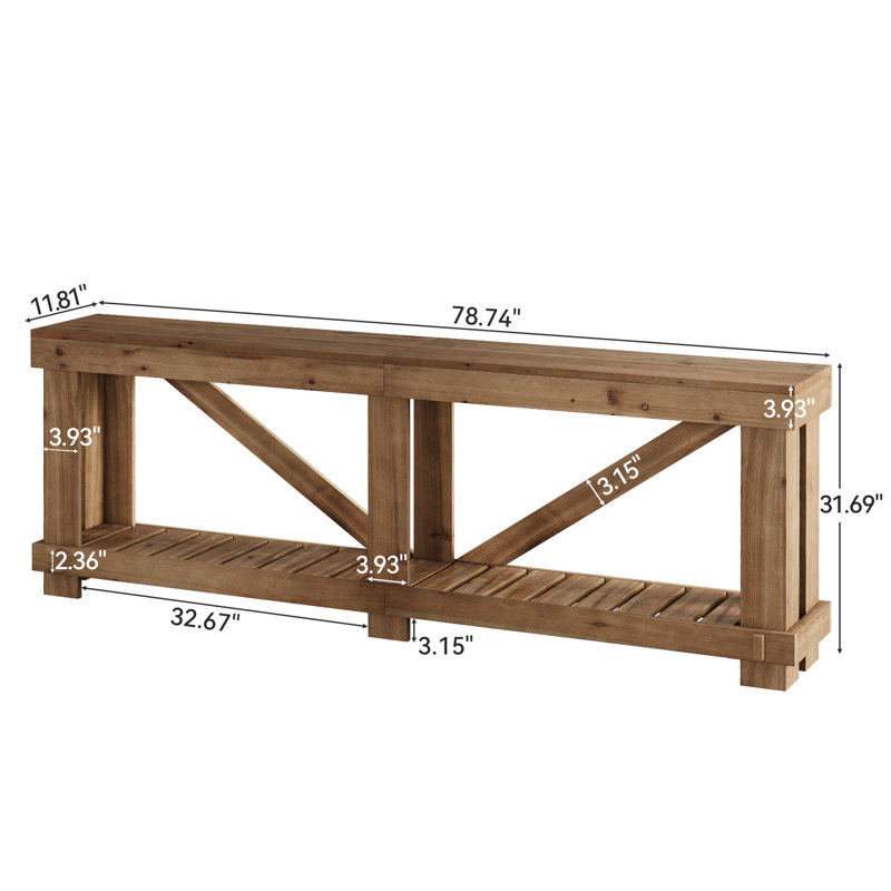 Console extra longue de 200 cm (79 po) en bois massif pour salon. Table d'entrée à 2 niveaux.