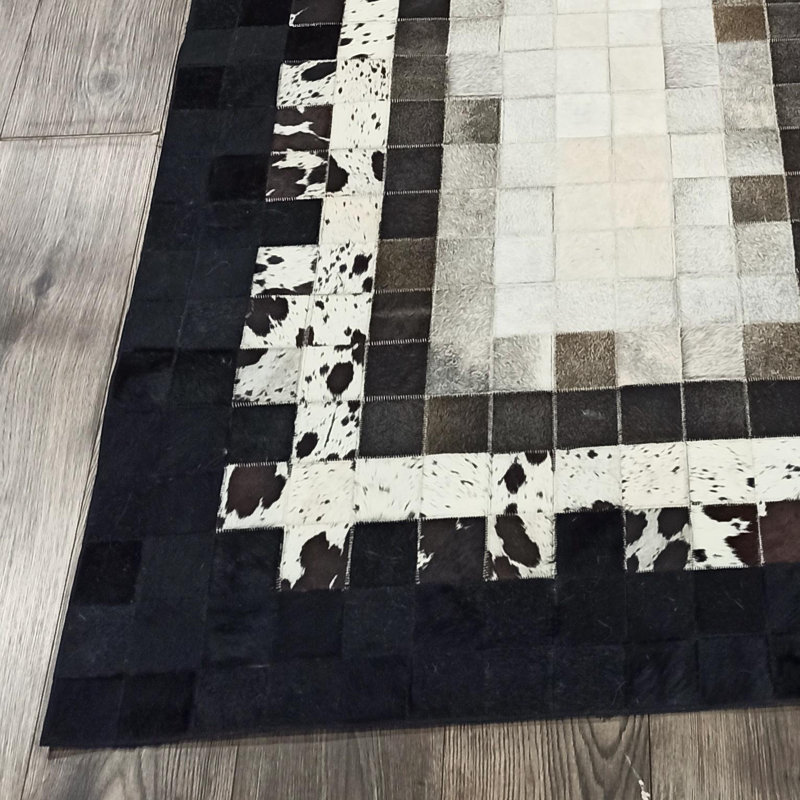 Tapis long en cuir de vache noir et blanc, tapis en cuir véritable, Rectangle 5 pi x 7,5 pi