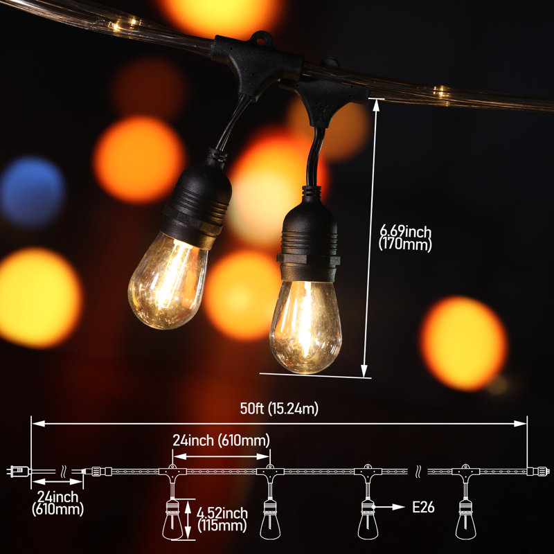 48ft 24 Bulbs Outdoor String Lights, Commercial Plug-in String Light, Grey