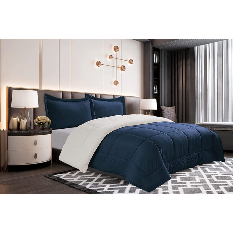 Mocassi Solid Sherpa Geometric Shapes Comforter, Navy, Twin Comforter + 1 Standard Sham