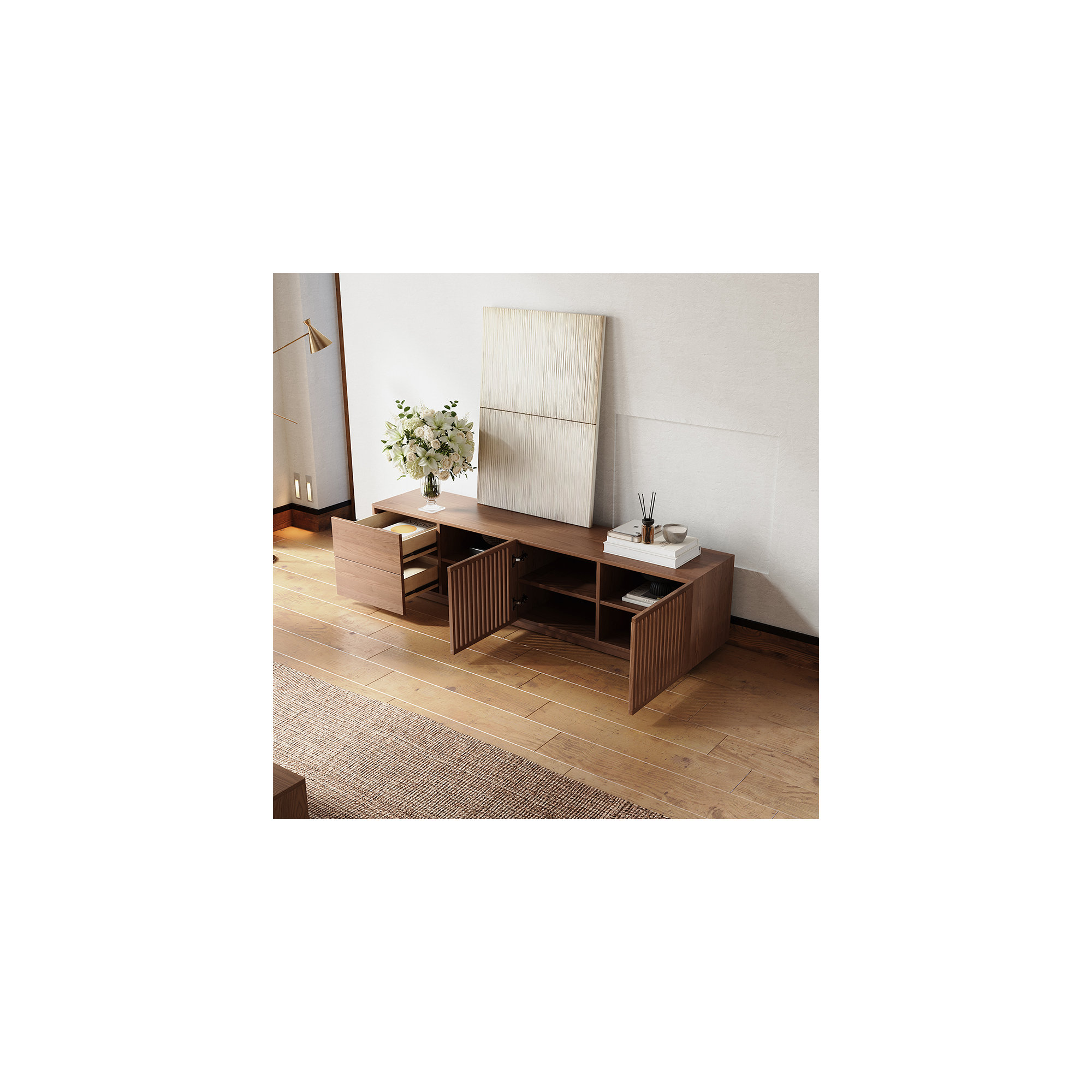 Mid-Century Modern TV Stand, Louvered Wood Entertainment Center With Slatted Doors, Open Storage,70.87"