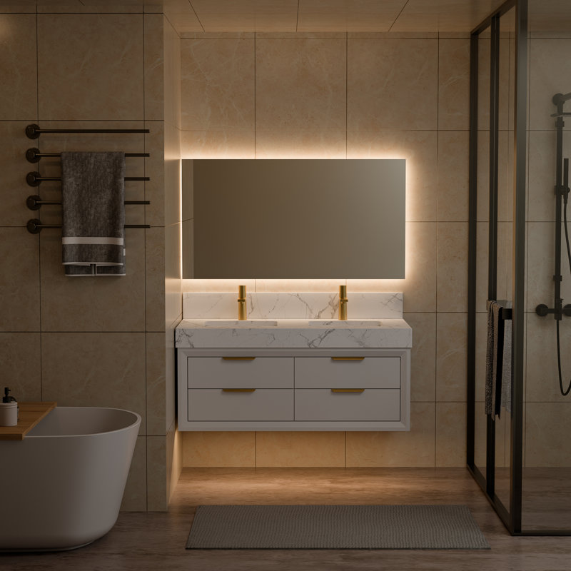 48" Wall-Mounted Double Sink Bathroom Vanity With White Stone Countertop, LED Light & 6 Soft-Close Drawers, Modern Design
