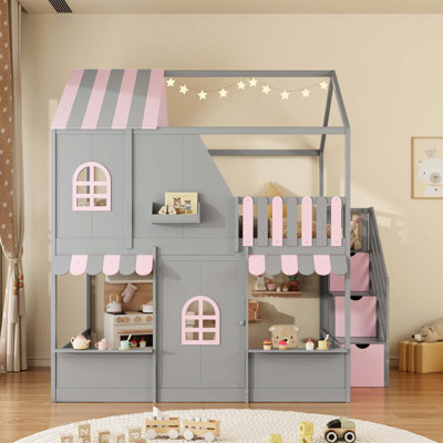 Full Over Full House Bunk Bed with Playhouse Design and Storage Staircase
