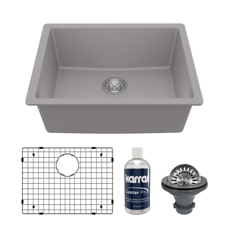 Karran Quartz 24-3/8'' X 19-1/8'' Single Bowl Undermount Kitchen Sink Kit, Gray