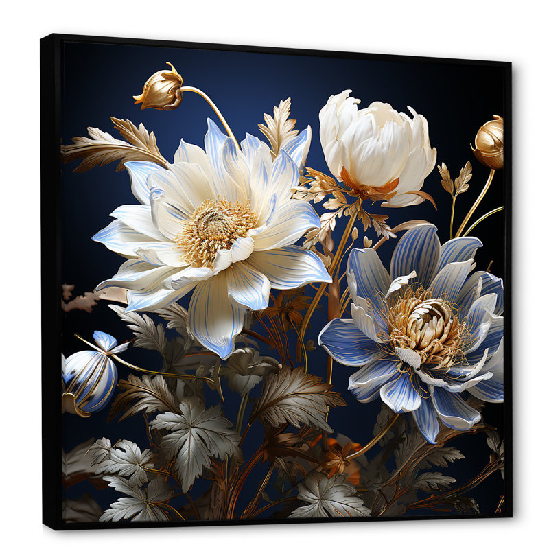 Impression moderne sur toile, bleu et blanc, Cadre flottant noir, H 30 po x l 30 po