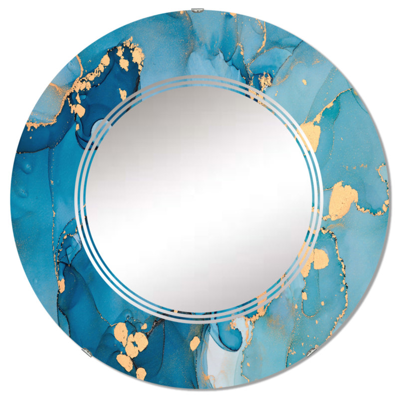 Bleu et or luxueux abstrait fluide Art II - miroir mural moderne, 32 po x 32 po