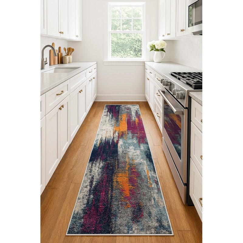 Tapis de couloir abstrait gris ivoire et magenta Comfort, Tapis de couloir 2 pi 3 po x 7 pi