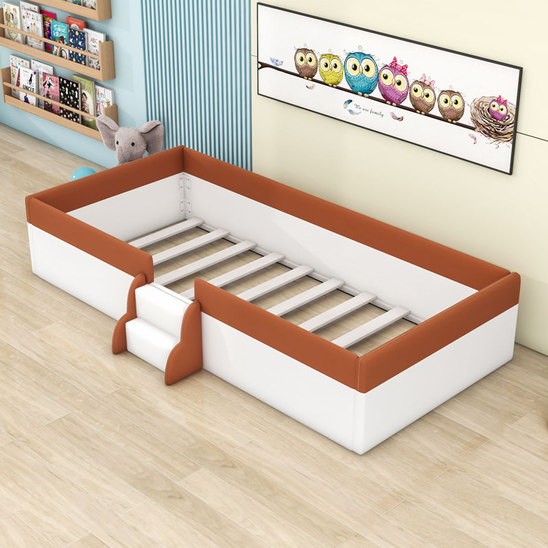 Upholstered Daybed with Guardrails and Stairs, Twin, White/Brown