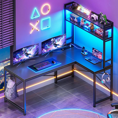 L Shaped Gaming Desk, Reversible 45.3 Small Corner Desk With Power Outlet And Led Lights