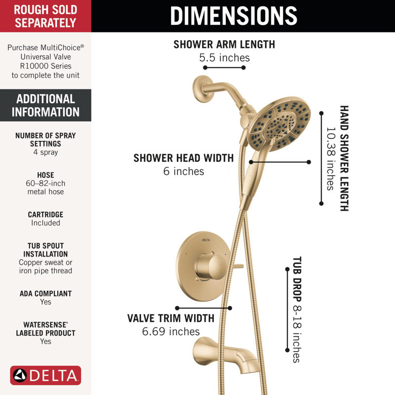 Albion Single-Function Tub Shower Faucet Set, Shower Trim Kit with In2ition Shower Head, Champagne Bronze