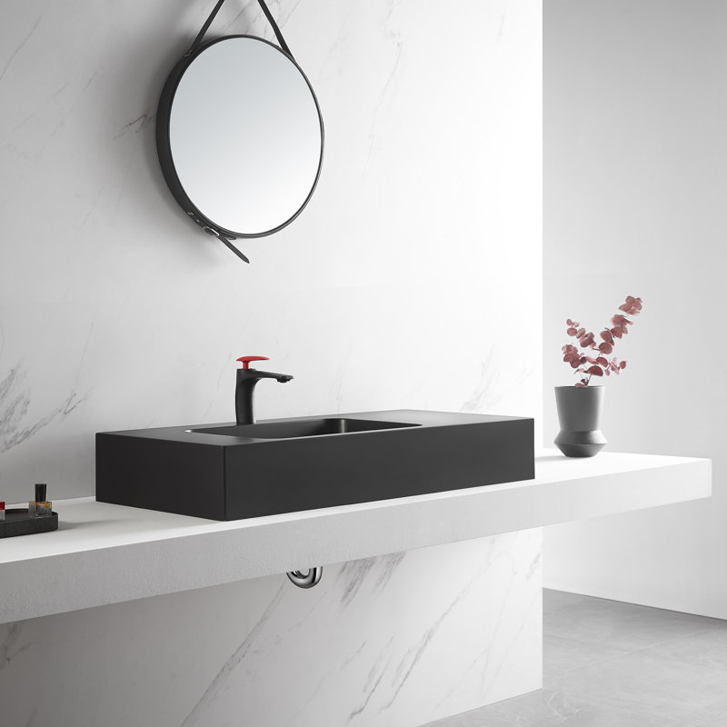 Lavabo de salle de bain, surface solide, installation murale ou de comptoir, 47 po avec trou de robinet simple, Noir