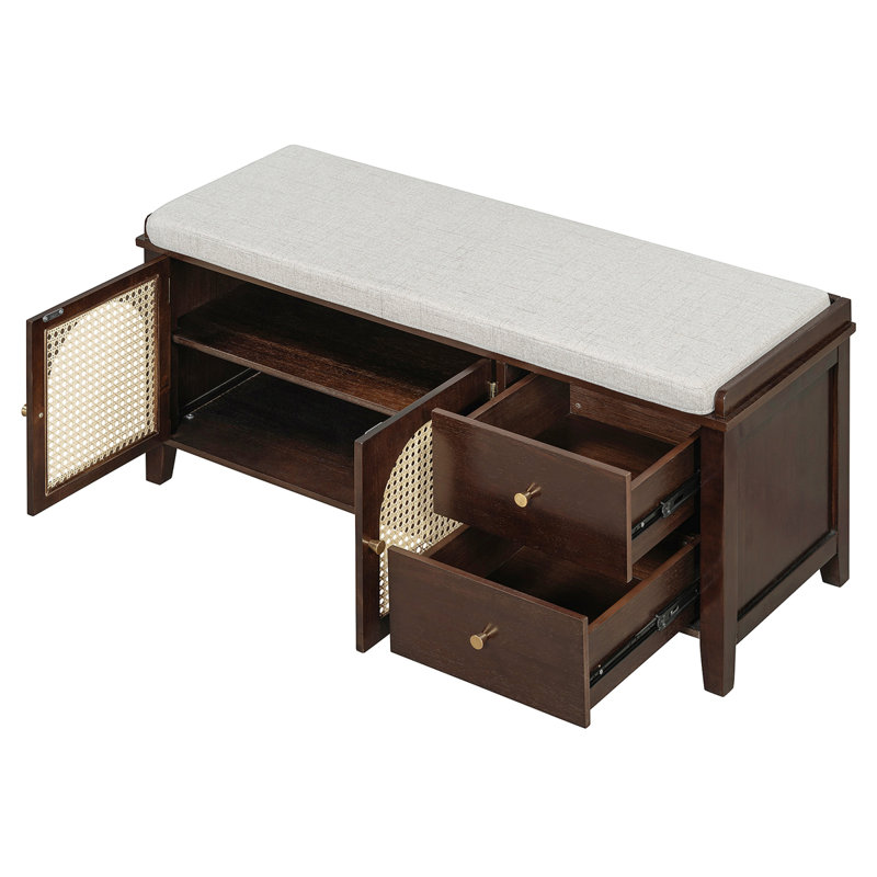 Banc à chaussures, banc à chaussures rétro avec rangement et coussin, banc à chaussures avec 2 tiroirs et 2 portes en rotin