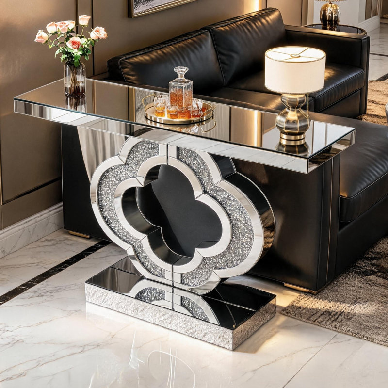 Table console miroir de 43,3 pouces en verre argenté glamour, table d'appoint pour canapé