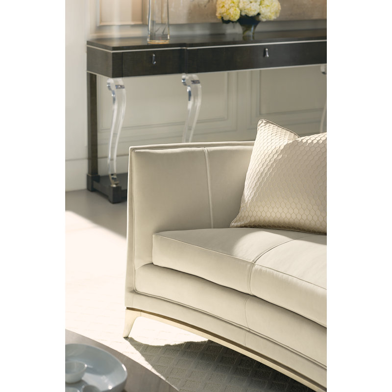 Beige Velvet Crescent-Shaped Sofa with Wood Base