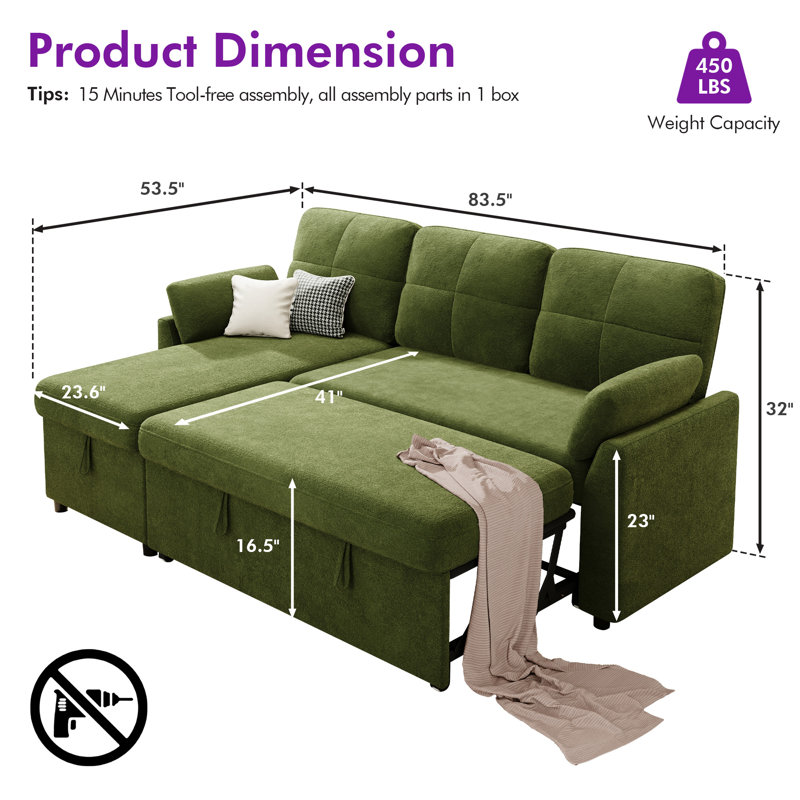 Convertible L-shaped Sofa With Pull-out Bed And Storage Chaise, Linen Green, Green