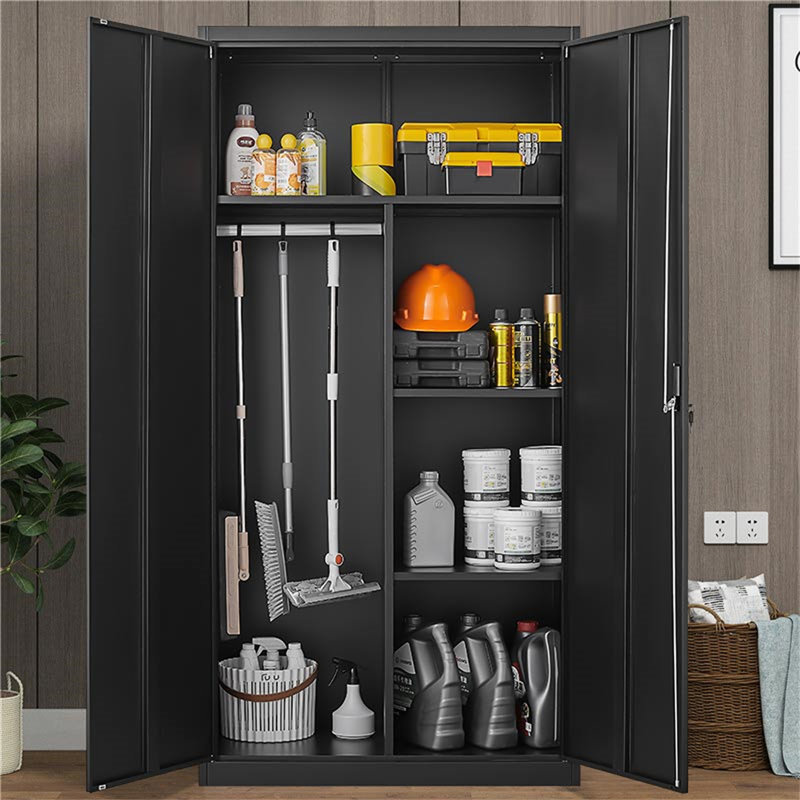Armoire grande capacité en métal noir avec tringle et compartiments, Noir