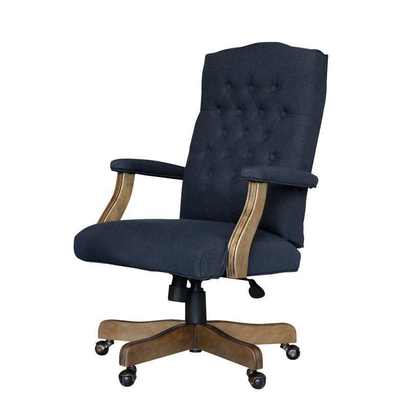 Jake Executive Armchair With Driftwood Finish, Navy Blue Tufted Linen, Commercial Grade Linen Navy Blue