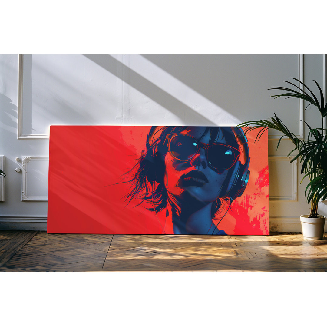 Wandbild 120x60cm Junge Frau mit Kopfhörer Sonnenbrille Rot Kunstvoll