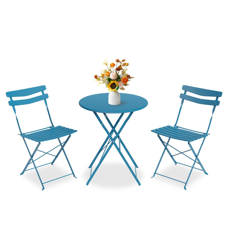 Ensemble bistro 2 places pour terrasse - table ronde pliante et 2 chaises en métal, Bleu pâle
