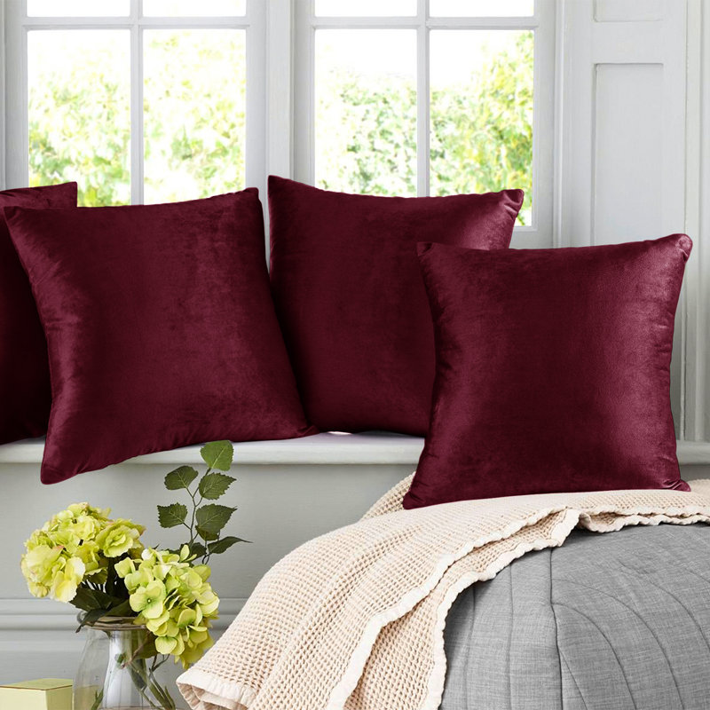 Housse de coussin en velours , Rouge bourgogne, H 26 po x l 26 po
