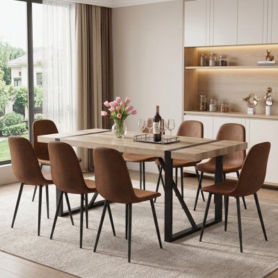 9-Piece Modern Industrial 71" Rectangular Wood Dining Table Set with Upholstered Chairs