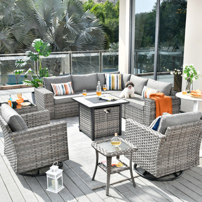 Baili 7 - Person Outdoor Wicker/Rattan Sectional Seating Group with Swivel Chairs, Modern Modular Conversation Set with Cushions