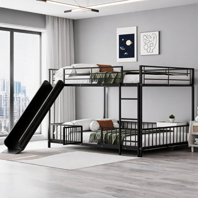 Convertible Full-Over-Full Bunk Bed With Interchangeable Slide and Full-Length Safety Guardrails, Black-Toned Metal Construction