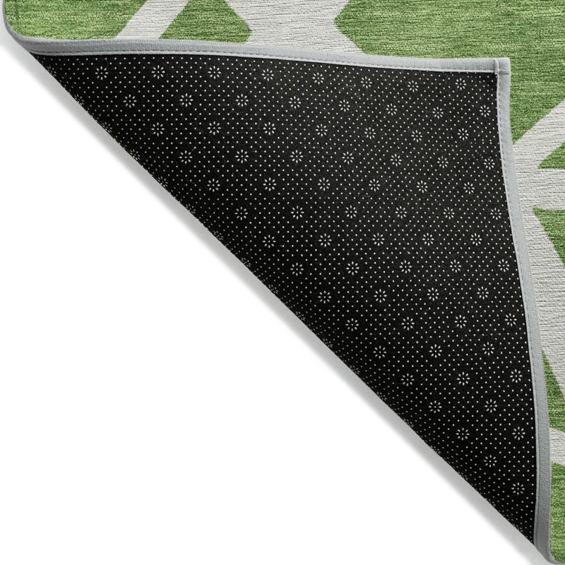 Green and White Geometric Washable Synthetic Rug