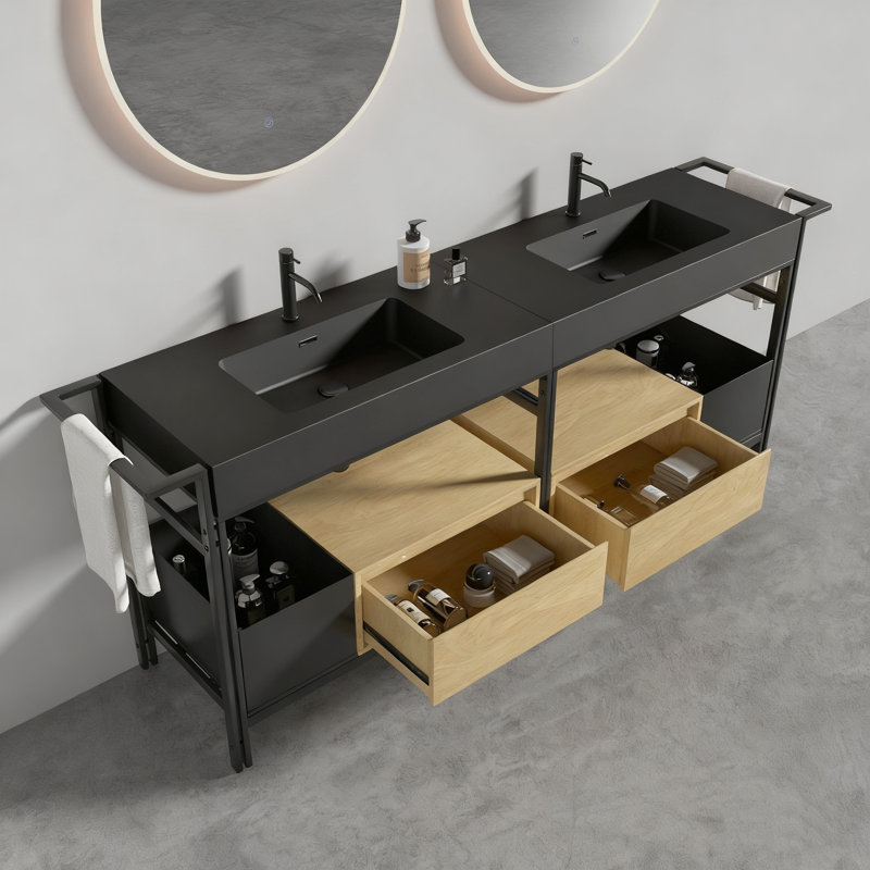 Meuble-lavabo modulaire de style industriel de 72 po avec deux unités de 36 po avec caractéristiques, tiroir à fermeture en douceur, bac de rangement ouvert, barre à serviettes réglable, quincaillerie, noir mat et chêne, fabrication en quartz,