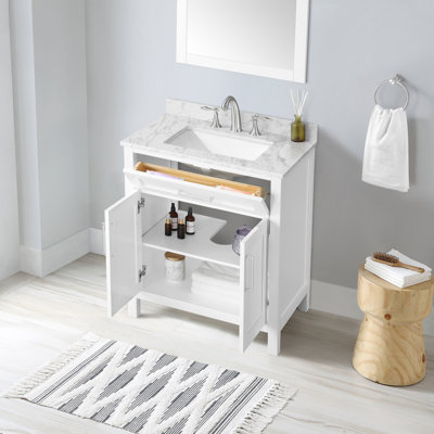 Meuble-lavabo autoportant blanc pur 30 po Tahoe, plateau en pierre reconstituée avec dosseret, quincaillerie en nickel brossé